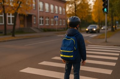 Vaikas su šalmu ir atšvaitais ant kuprinės laukia prie mokyklos perėjos, degant žaliai pėsčiojo šviesai.