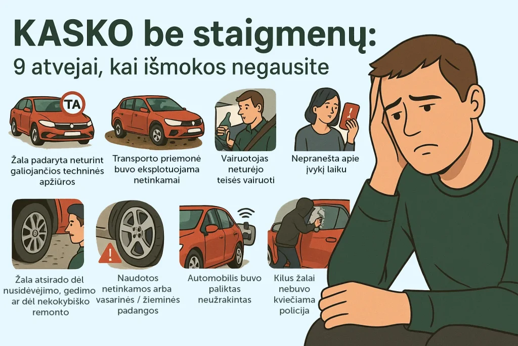 KASKO draudimo išmokų neišmokėjimo atvejai – infografikas su 9 priežastimis, kodėl gali negauti KASKO išmokos, pavyzdžiui: negaliojanti techninė apžiūra, netinkama eksploatacija, vairavimas be teisės, nepranešimas apie įvykį laiku.
