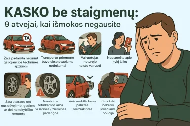 KASKO draudimo išmokų neišmokėjimo atvejai – infografikas su 9 priežastimis, kodėl gali negauti KASKO išmokos, pavyzdžiui: negaliojanti techninė apžiūra, netinkama eksploatacija, vairavimas be teisės, nepranešimas apie įvykį laiku.