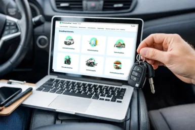 Automobilyje sėdintis žmogus perką draudimą internetu per savo nešiojamąjį kompiuterį