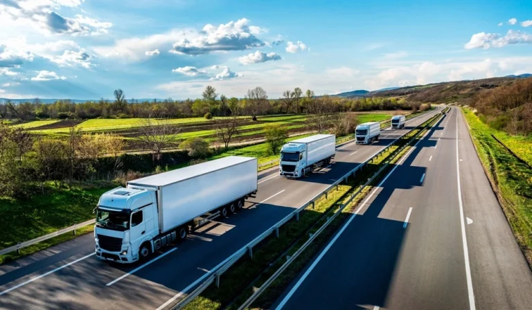Trys balti modernūs vilkikai su puspriekabėmis važiuoja greitkeliu saulėtą dieną, iliustruojantys brangų transporto ir logistikos bendrovių turtą.