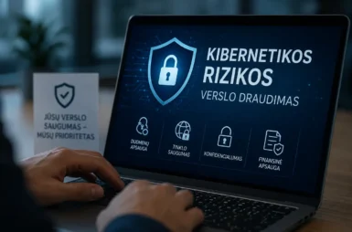 Kibernetikos rizikos verslo draudimo vizualas – žmogus dirba kompiuteriu, ekrane matomi duomenų apsaugos, tinklo saugumo ir finansinės apsaugos simboliai bei kibernetinio saugumo skydas.