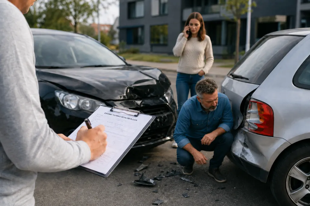 Po nedidelio autoįvykio pildoma eismo įvykio deklaracija, šalia matomi apgadinti automobiliai ir žalą vertinantys vairuotojai.