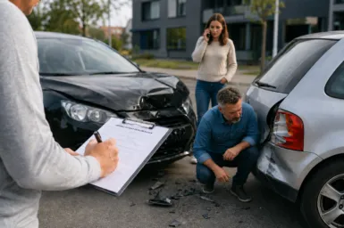 Po nedidelio autoįvykio pildoma eismo įvykio deklaracija, šalia matomi apgadinti automobiliai ir žalą vertinantys vairuotojai.